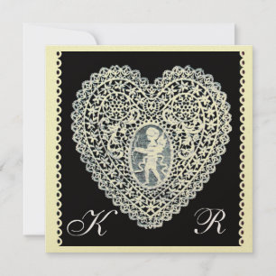 CUPID LACE HEART MONOGRAM ,gold metallic paper Announcement
