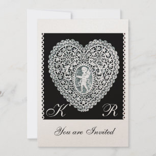 CUPID LACE HEART MONOGRAM gold metallic paper Invitation