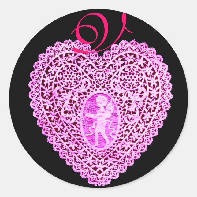 CUPID LACE HEART MONOGRAM ,pink Classic Round Sticker (Front)