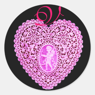 CUPID LACE HEART MONOGRAM ,pink Classic Round Sticker