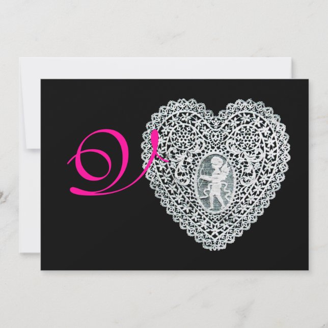 CUPID LACE HEART MONOGRAM,pink fuchsia Announcement (Front)