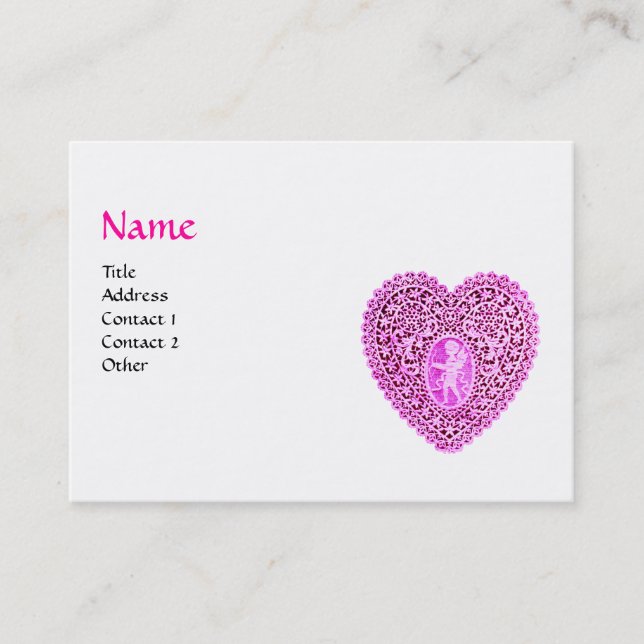 CUPID LACE HEART MONOGRAM ,pink, fuchsia,black Business Card (Front)