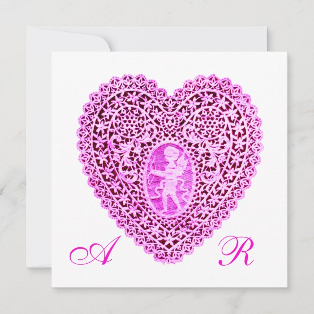 CUPID LACE HEART MONOGRAM, pink fuchsia champagne Announcement (Front)
