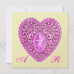 CUPID LACE HEART MONOGRAM, pink fuchsia gold Announcement