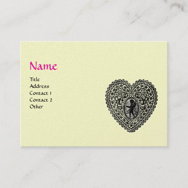 CUPID LACE HEART MONOGRAM ,pink, fuchsia gold Business Card (Front)