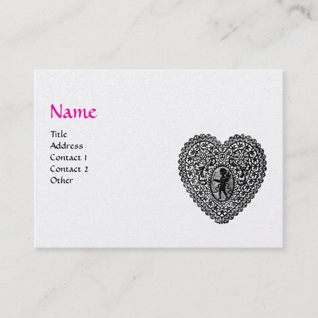 CUPID LACE HEART MONOGRAM Pink,Fuchsia White Pearl Business Card (Front)