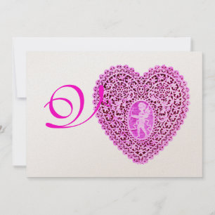 CUPID LACE HEART MONOGRAM, red fuchsia gold Announcement