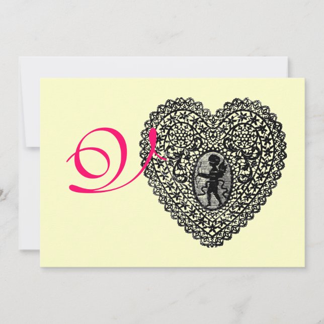 CUPID LACE HEART MONOGRAM, red fuchsia gold Announcement (Front)