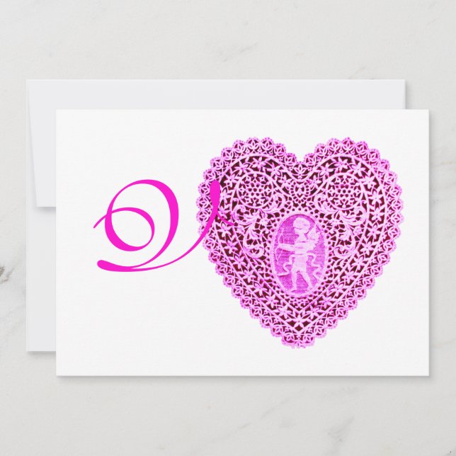 CUPID LACE HEART MONOGRAM, red fuchsia ice Announcement (Front)
