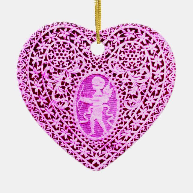 CUPID LACE HEART,pink purple Ceramic Ornament (Front)