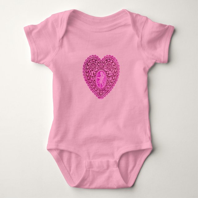CUPID LACE HEART, Pink Violet Baby Bodysuit (Front)