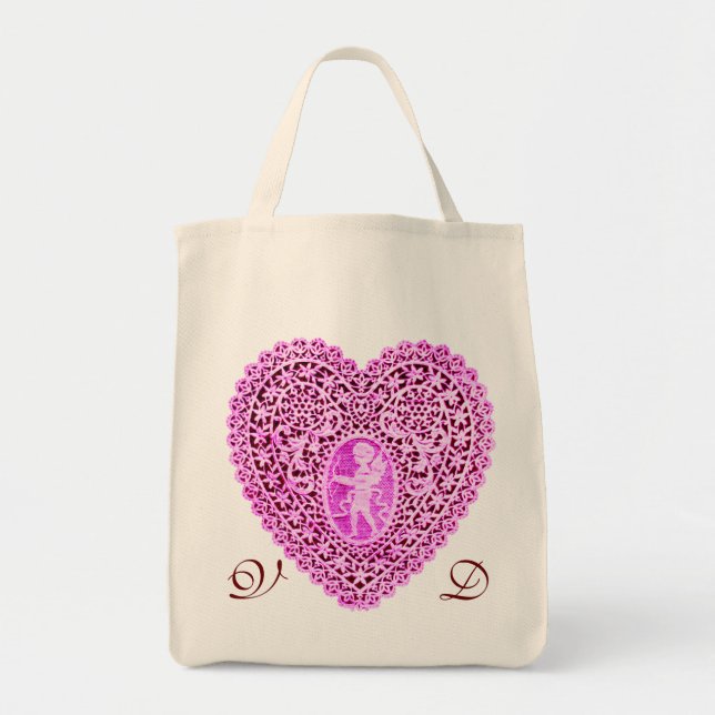 CUPID LACE HEART  PINK VIOLET MONOGRAM TOTE BAG (Front)