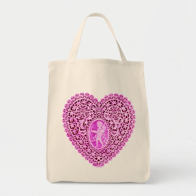 CUPID LACE HEART  PINK VIOLET TOTE BAG (Front)