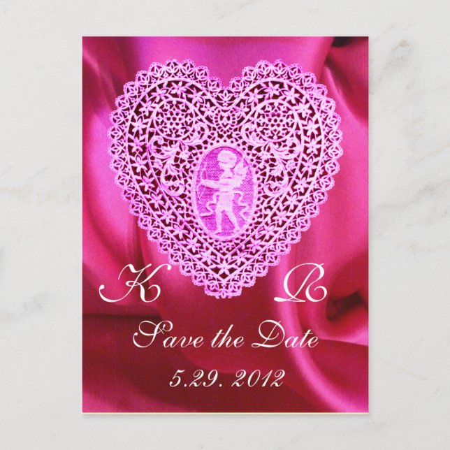 CUPID LACE HEART SILK FUCHSIA CLOTH , Pink Red Announcement Postcard (Front)