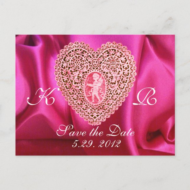 CUPID LACE HEART SILK FUCHSIA CLOTH , Pink Red Announcement Postcard (Front)
