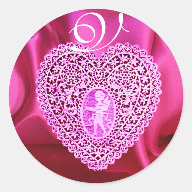 CUPID LACE HEART SILK FUCHSIA CLOTH , Pink Violet Classic Round Sticker (Front)