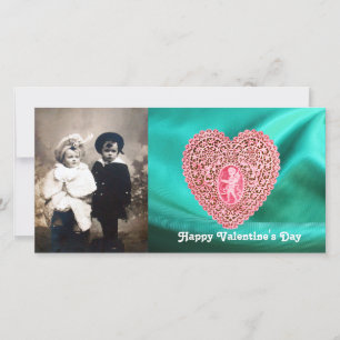 CUPID LACE HEART SILK GREEN BLUE CLOTH, Pink Red Holiday Card