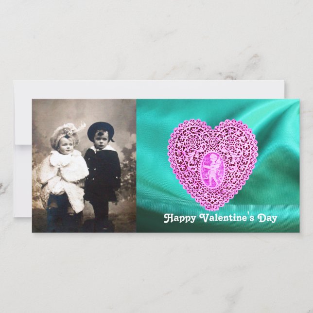 CUPID LACE HEART SILK GREEN BLUE CLOTH,Pink Violet Holiday Card (Front)