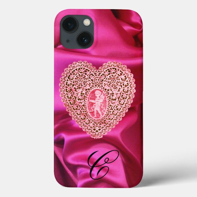 CUPID LACE HEART SILK PINK FUCHSIA CLOTH MONOGRAM Case-Mate iPhone CASE (Back)