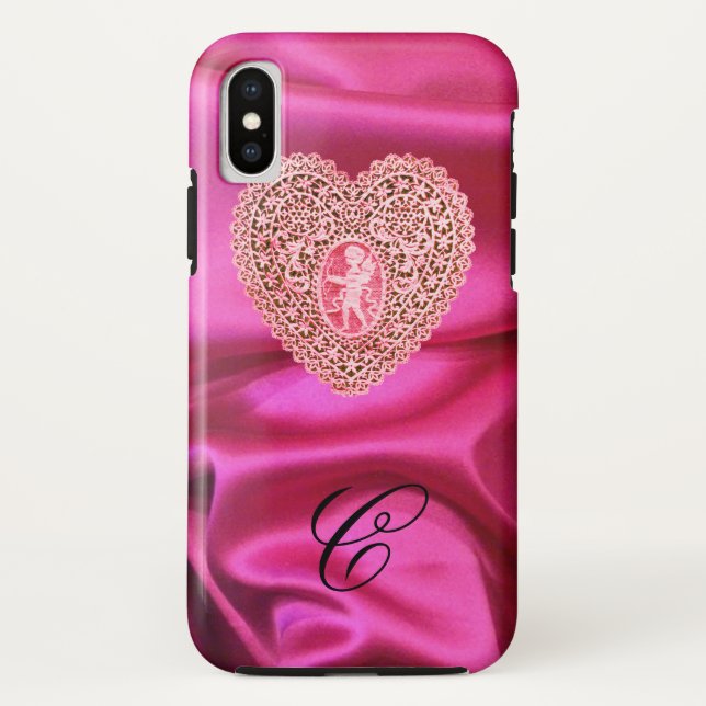 CUPID LACE HEART SILK PINK FUCHSIA CLOTH MONOGRAM Case-Mate iPhone CASE (Back)