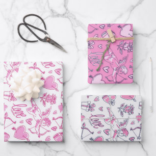 Cupid Love Heart Doodle Pattern Valentine's Day Wrapping Paper Sheet