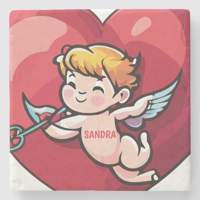 Cupid on Red Heart Stone Coaster (Front)