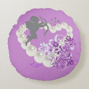 Cupid Pearls Floral Heart Purple Round Pillow