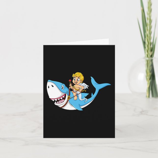 Cupid Riding Shark Valentines Day Fun Boys Girls K Card (Front)