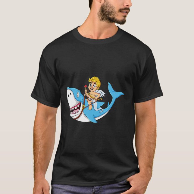 Cupid Riding Shark Valentines Day Fun Boys Girls K T-Shirt (Front)