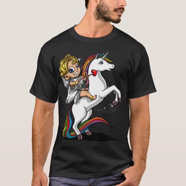 Cupid Riding Unicorn Valentines Day couple  T-Shirt (Front)