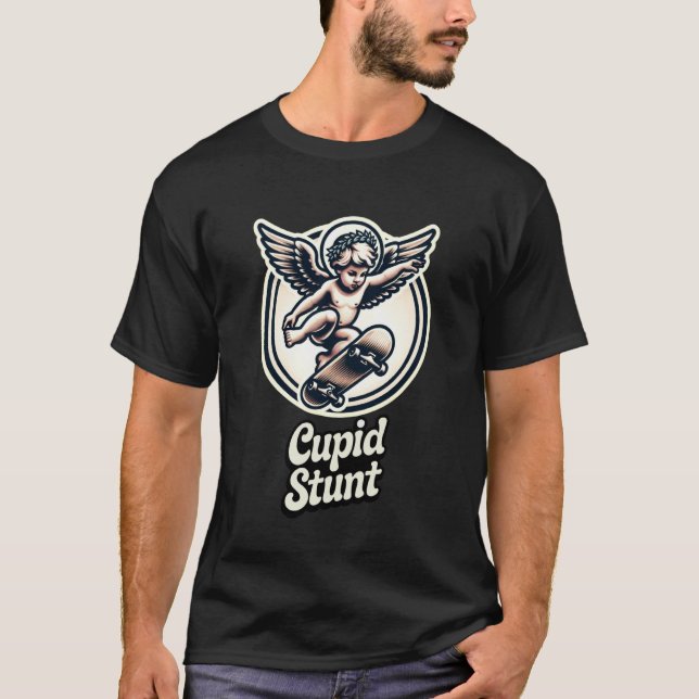 Cupid Stunt Funny Valentine Retro Skateboard Pun T-Shirt (Front)
