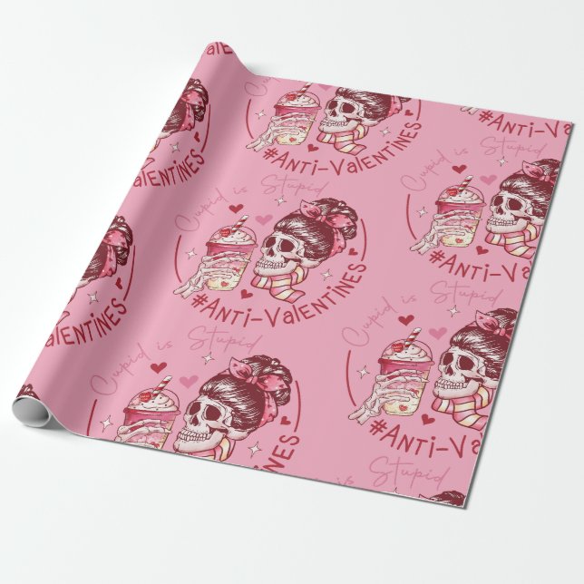 cupid stupid skull hearts anti valentine wrapping paper (Unrolled)