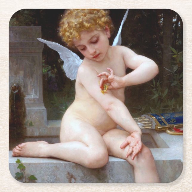 Cupid with a Butterfly, Bouguereau Square Paper Coaster (Front)