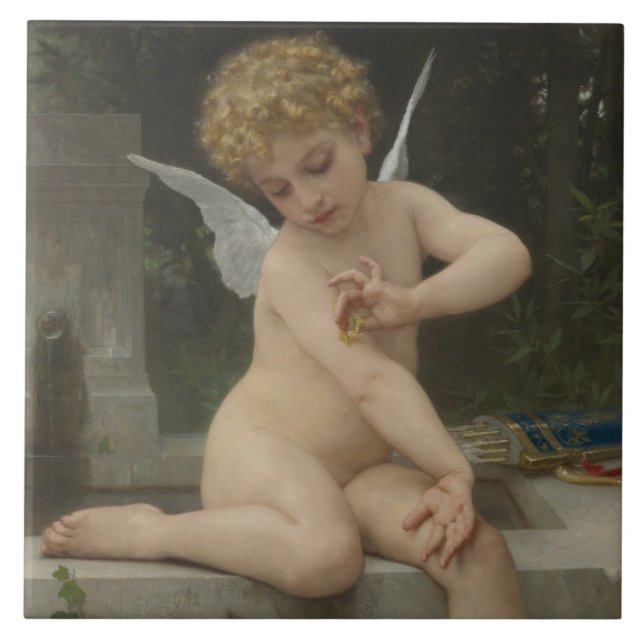 Cupid With a Butterfly (by Bouguereau) Ceramic Tile (Front)