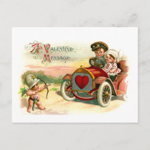 Cupid's Arrow Points at Couple in Car Holiday Postcard