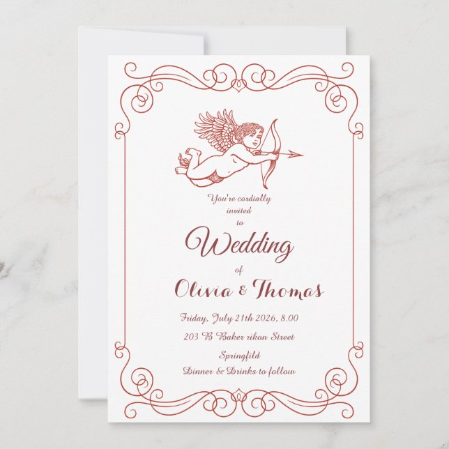 Cupid's Arrow Vintage Wedding Invitation Red (Front)