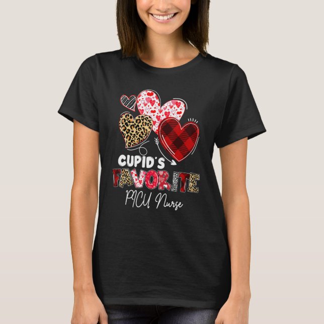 Cupid's Favorite PICU Nurse Valentine Buffalo Plai T-Shirt (Front)