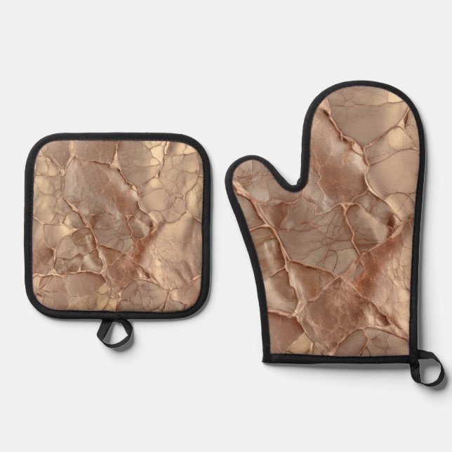 Cupper-Rose Cracked, Metallic Textures Oven Mitt & Pot Holder Set (Front)