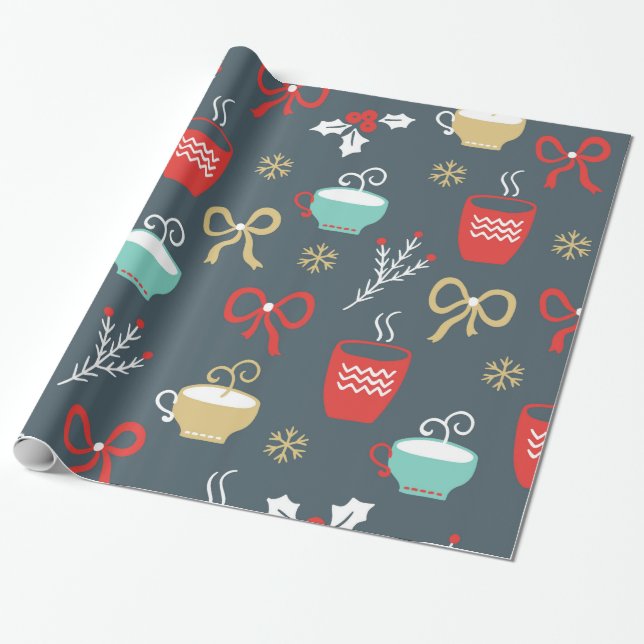 Cups Bows Mistletoe And Fir Branches Wrapping Paper (Unrolled)