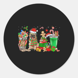 Cups Of Iced Coffee & Pug Dog Christmas Tree L Classic Round Sticker