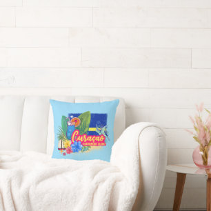 Curacao retro caribbean island with turtle vintage cushion