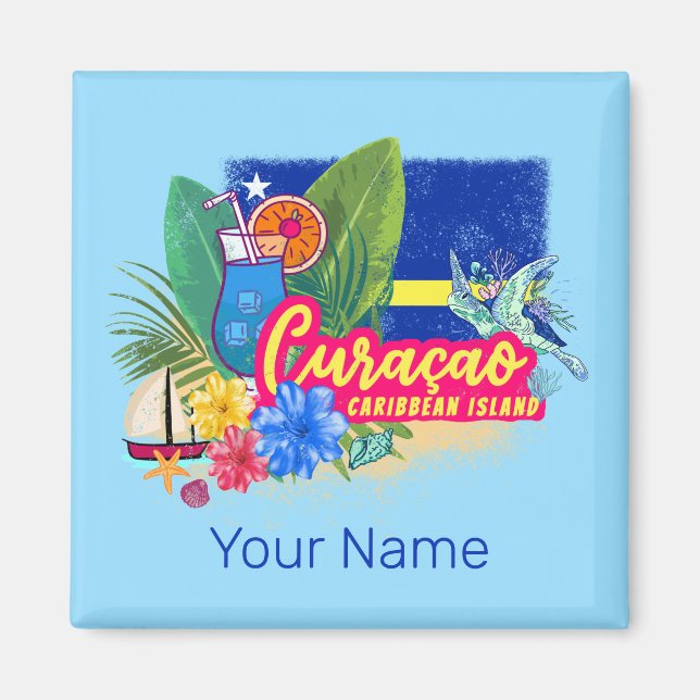 Curacao retro caribbean island with turtle vintage magnet (Front)