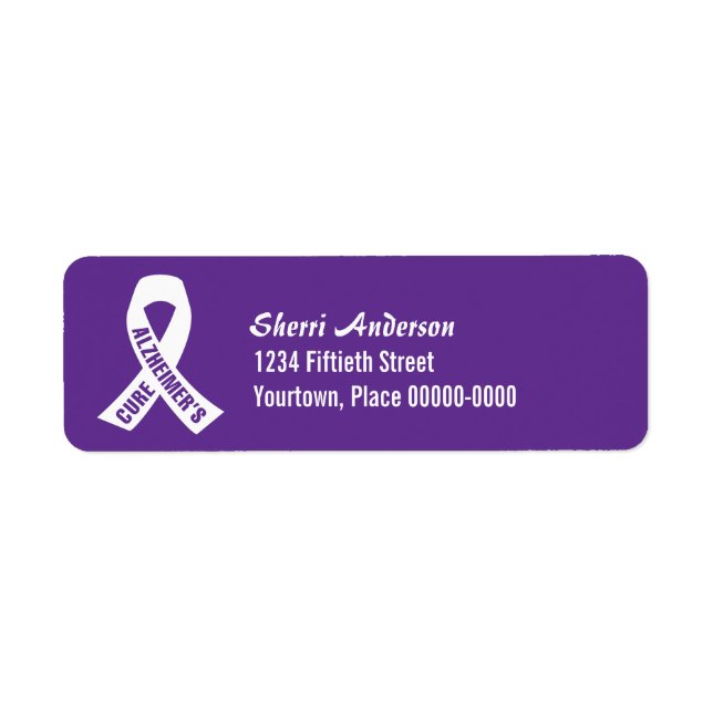 Cure Alzheimers Ribbon on Purple Return Address Label (Front)