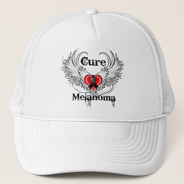 Cure Melanoma Heart Tattoo Wings Trucker Hat (Front)