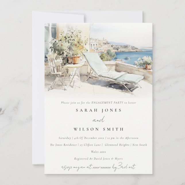 Curfu Greece Watercolor Landscape Engagement Invitation (Front)