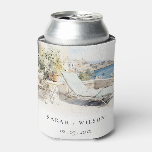 Curfu Greece Watercolor Landscape Wedding Can Cooler (Can Front)
