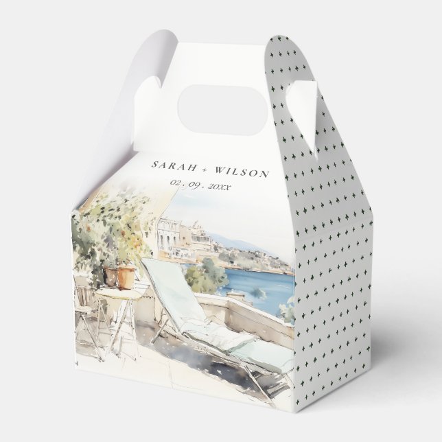 Curfu Greece Watercolor Landscape Wedding Favour Box (Front Side)