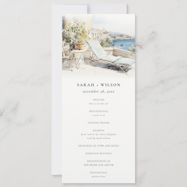 Curfu Greece Watercolor Landscape Wedding Program (Front)