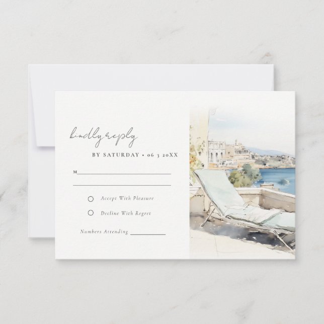 Curfu Greece Watercolor Landscape Wedding RSVP Card (Front)