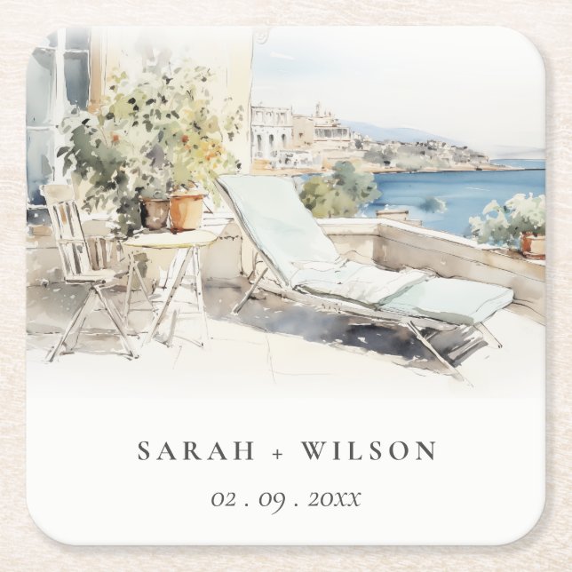 Curfu Greece Watercolor Landscape Wedding Square Paper Coaster (Front)